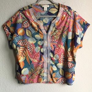 Cynthia Rowley Cotton Floral Embroidered Lightweight Short Sleeve Blouse